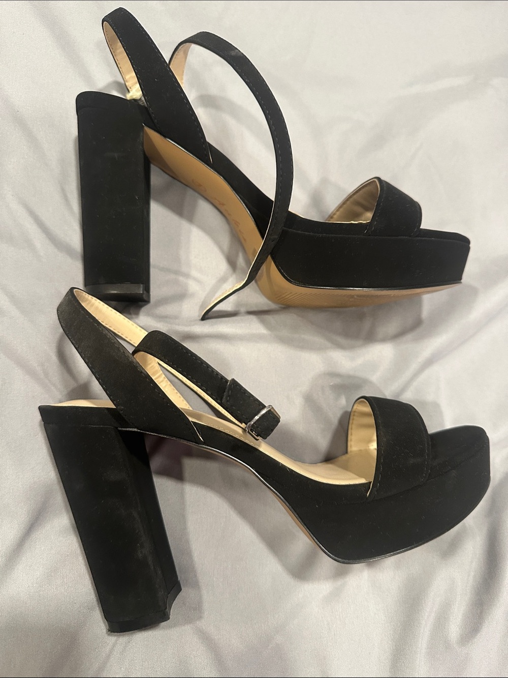Size 7 Black Platform Slingback Heels stacked faux suede pinup vintage